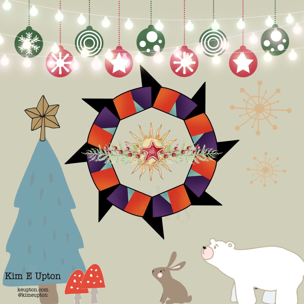 Graphic design of a polar bear and rabbit looking at a geometric design near a tree. It’s a Yuletide scene.
