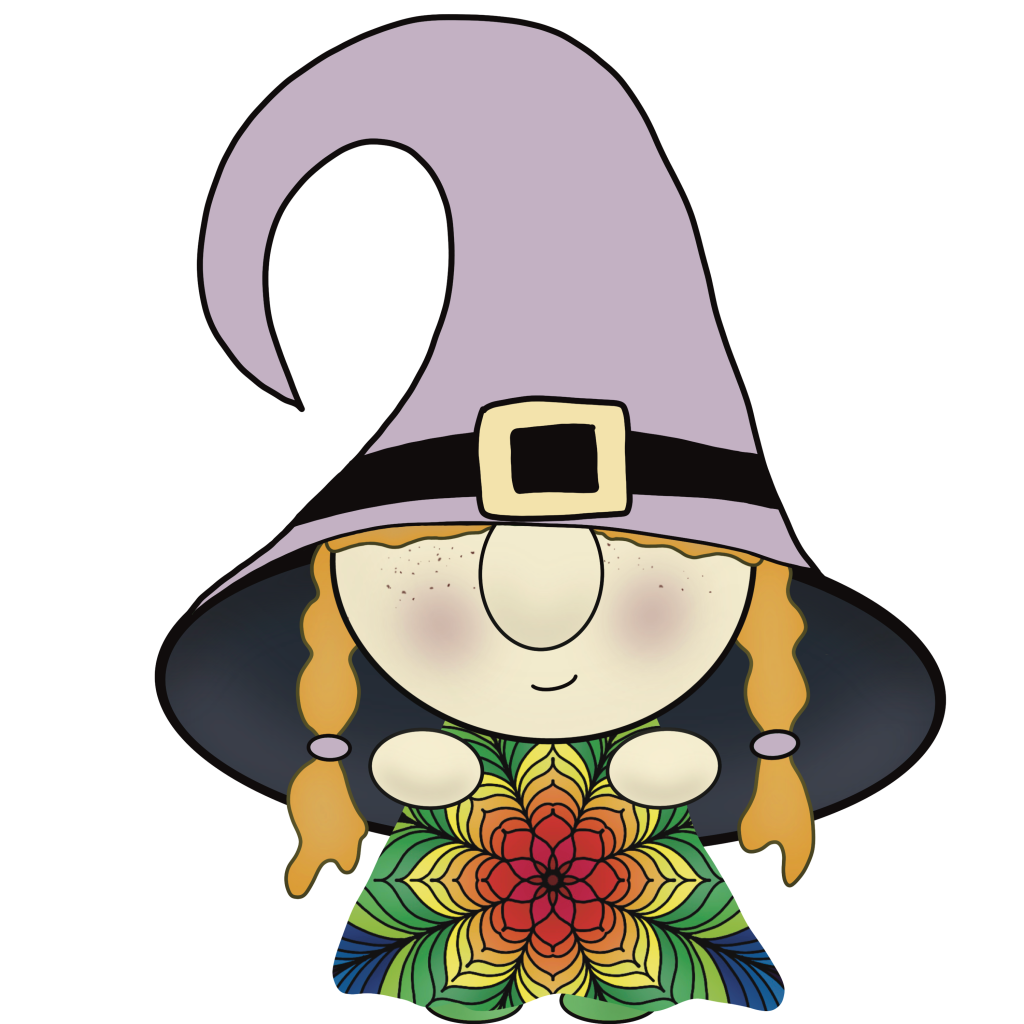 Digital drawn gnome with braids wearing a rainbow mandala shirt and a purple hair.