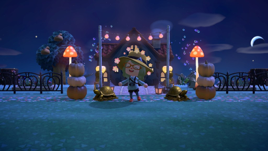 scene from the game Animal Crossing New Horizons of a character in front of their home.