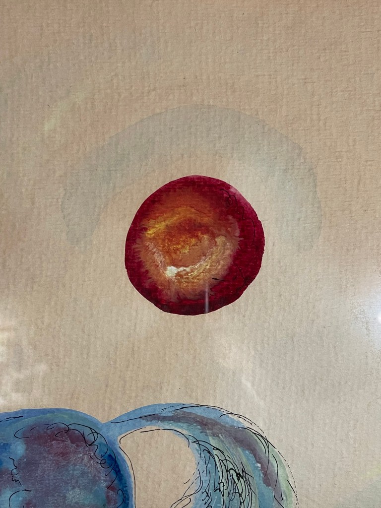 painting that shows part of a tail and a red sun