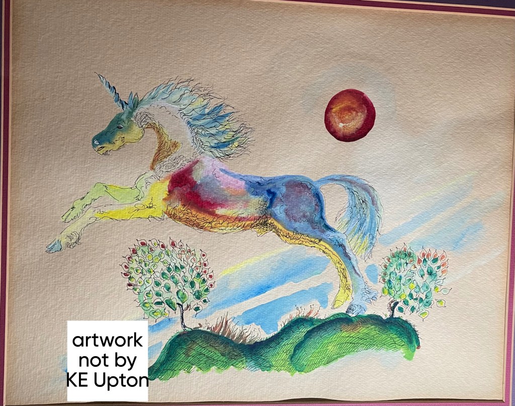 watercolor painting of a unicorn standing on a hill between two trees