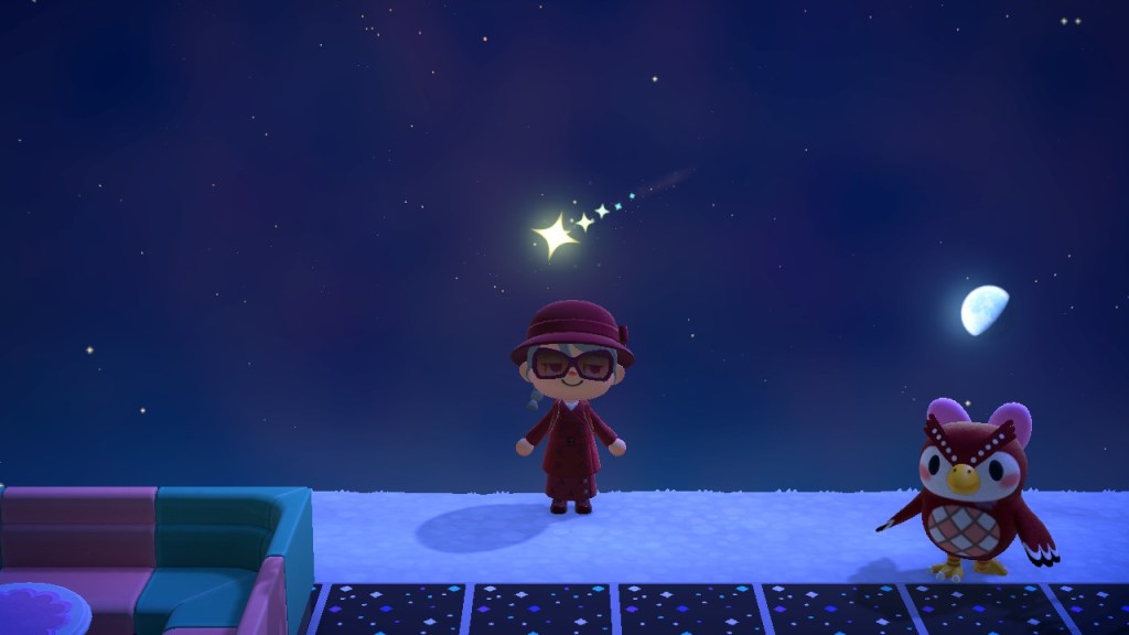 Image of an animal crossing player in game with Celeste, a villager in the game.