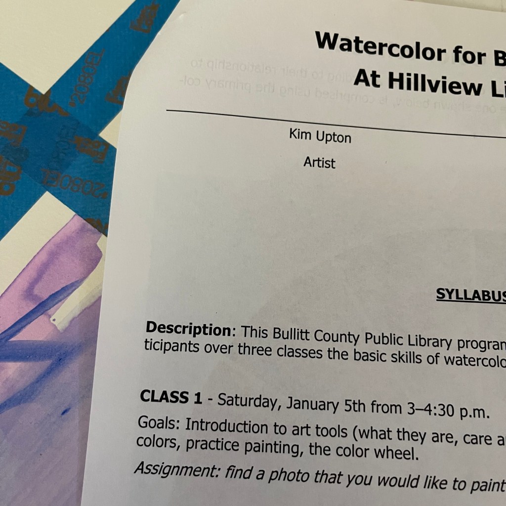 Paper about Kim Upton teaching a watercolor class at the Hillview Library.