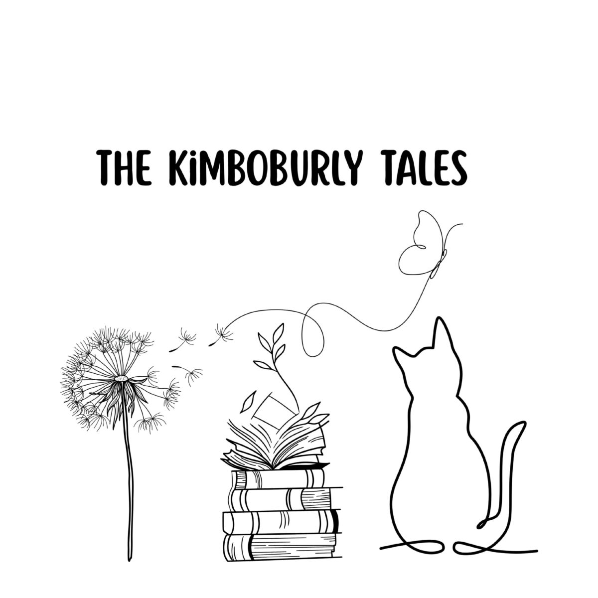 Logo for The KimboBurly Tales with a dandelion, books, a butterfly, and a cat all done in line art